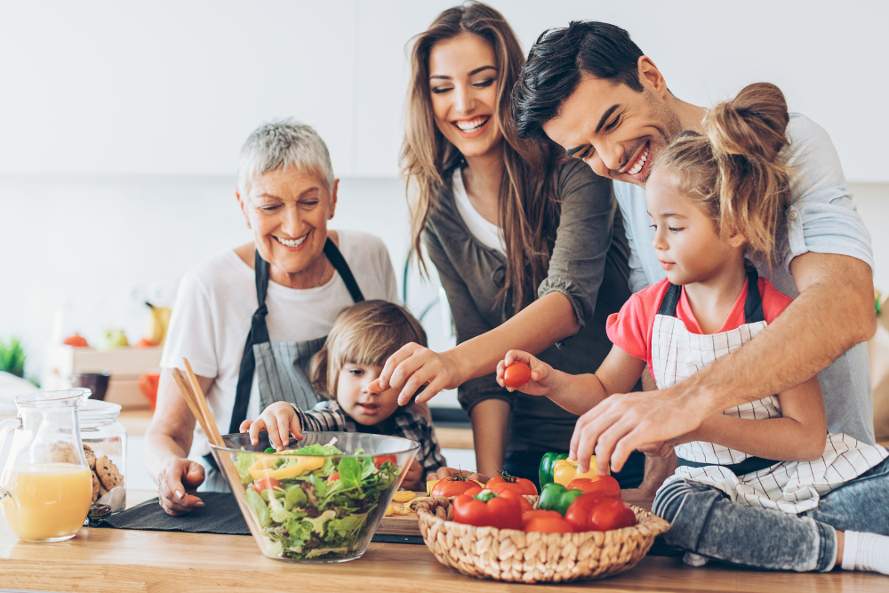 Healthy family cooking together